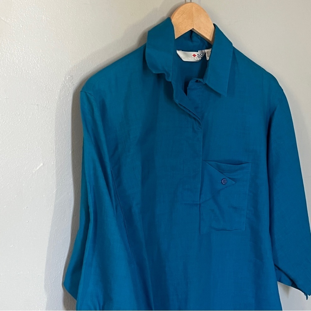 Vintage French Navy Women’s Half Button Down 3/4 Sleeves Blue Medium